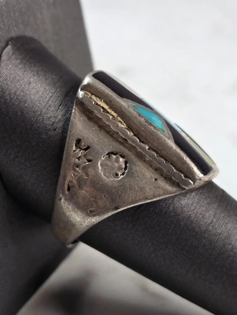 Mens Vintage Sterling Silver Southwestern Turquoise MOP Onyx Ring 13.1g E605